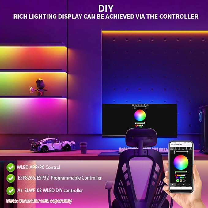WS2812B IC RGB 5050SMD ECO Individual Addressable LED Strip Light, 16.4FT 300LED 60LED/m Flexible Full Color IP67 Waterproof DC5V White PCB for DIY Project (No Power Adapter or Controller)