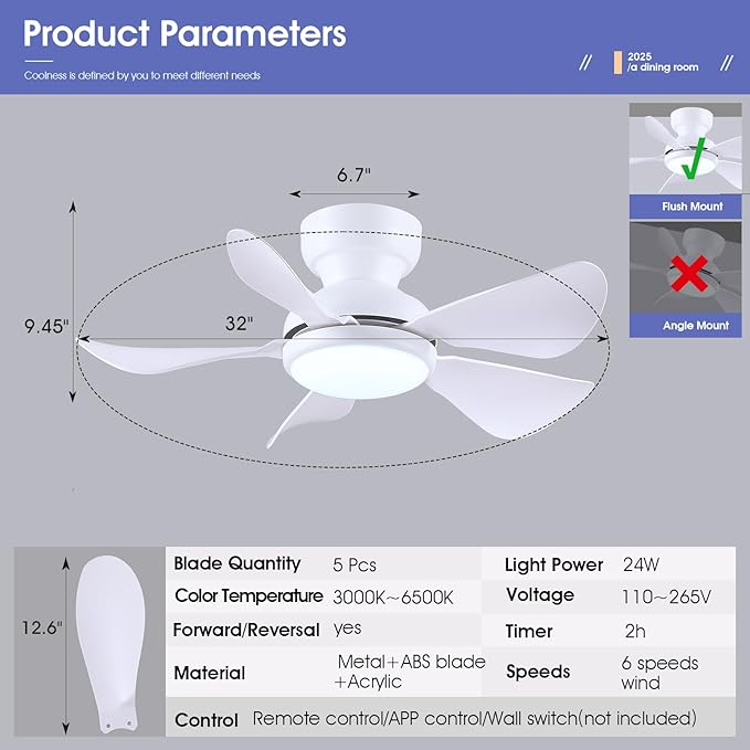 32 Inch Modern Ceiling Fans with Lights, Small Flush Mount Ceiling Fan with Light and Remote/APP Control, 5 Reversible 6 Speeds Curved Blades, 3 CCT Dimmable Lights for Kids Room, White