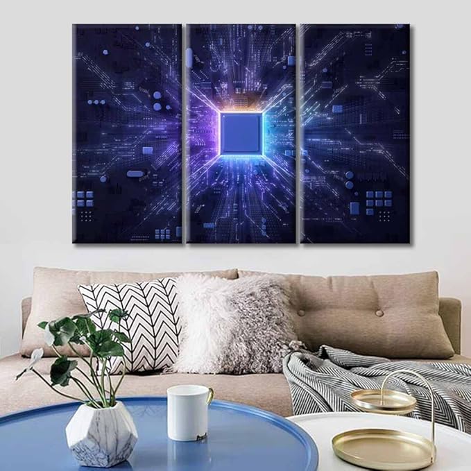 3 Panel Technology Science Artwork Canvas Wall Art Motherboard Digital Chip Posters and Prints Boys Bedroom CPU Concept Bathroom Decor Wall Art Print on Canvas Framed Ready to Hang (36"Wx24"H)