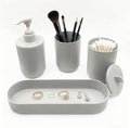 4-Piece Bathroom Organizer Set, Light Grey Plastic Countertop Storage with Toothbrush Holder, Lotion Soap Dispenser, Qtip Holder & Vanity Tray – Clean Bathroom Decor for Modern Spaces