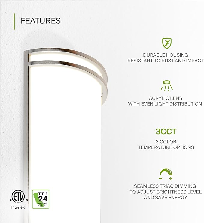 ASD LED Indoor Wall Mount Light Fixture - 18 Inch 25W Modern Interior Nickel Dimmable Wall Sconce Light - ETL 3000K 4000K 5000K Adjustable - Hallway, Bedroom LED Wall Lights, 2 Pack