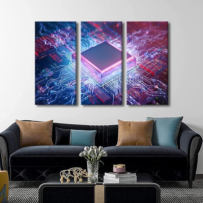 TUMOVO Black and White Wall Art 3 Panels Computer Processors CPU Canvas Wall Art Wall Decor Living Room CPU Concept Poster Artwork Rustic Decoration for Bedroom Decor Framed Ready to Hang(28" Wx42 H)