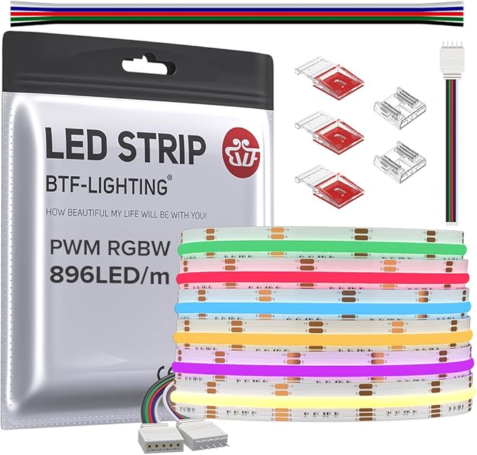 BTF-LIGHTING FCOB COB LED Strip RGBW 3000K 896LED/m 16.4FT DC24V Color Changing Flexible High Density Uniform Light 12mm Width for Home Indoor Decoration(No Adapter or Controller)