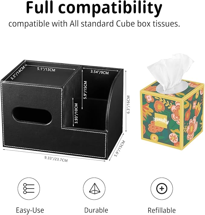 Leather Square Tissue Box Cover with Storage Tray,Cube Tissue Box Holder,Modern Facial Paper Organizer with Remote Control Holder for Bathroom,Vanity Countertop,End Table NightStand Home Office.Black