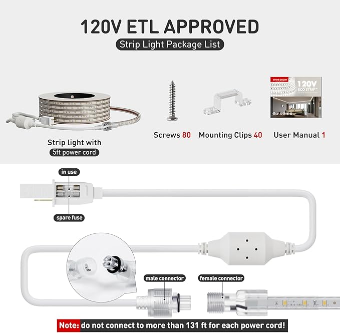 Shine Decor LED Strip Light Easy Connectable, 2800K Warm White Cold Resist Weatherproof Plug-in for Indoor Outdoor, 101 LM/FT Dimmable Bright Eco Rope Lighting 65FT, 120V Whole Set ETL Listed