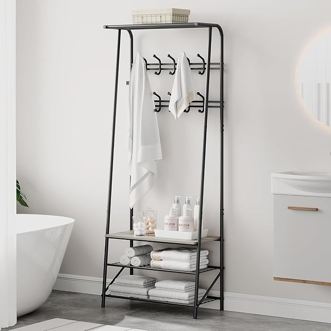 OUTLANE Entryway Hall Tree with 10 Hooks, Shoe Bench & Storage Shelf, Coat Rack Organizer with Wood Accents and Metal Frame for Entryway, Living Room, Bedroom, Gray-Double row