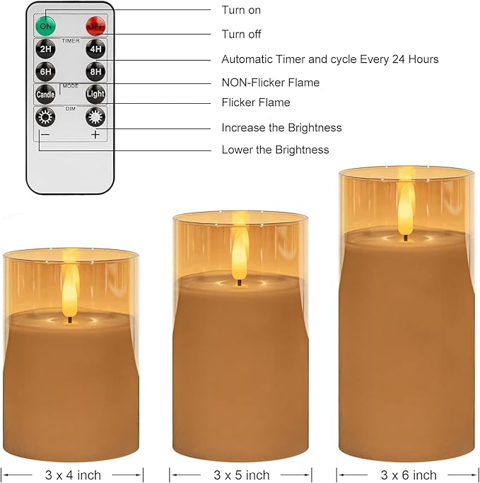 Glass LED Flameless Candles Set with Remote, Gold Battery Operated Fake Candles, Real Wax with Warm Flickering Light, Safe Decorative Pillar Candles for Home, Wedding, Party Gift (Pack of 3)