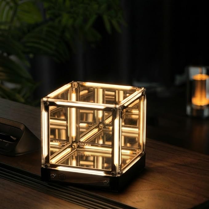 4D Mirror Cube Lamp, Touch Control Bedside Lamp with Dimmable LED, Rechargeable USB-C Night Light for Bedroom, Desk, Gaming Setup (2000mAh) (Gold)