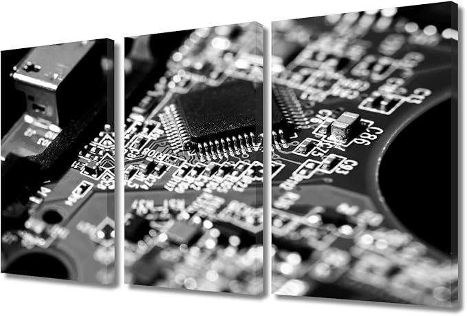 3 Panel Motherboard Digital Chip Poster Black and White Wall Decor Circuit Board Wall Decor for Bedroom CPU Concept Wall Art Giclee Wooden Framed Gallery-Wrapped Ready to Hang (36" Wx24 H)