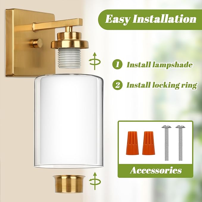 VerRon Set of 2 Wall Sconces for Bathroom, Modern Vanity Light Fixtures, Gold Wall Mount Lighting Lanterns, Farmhouse Wall Lights with Double Clear Glass Shade for Bedroom Living Room Mirror Hallway