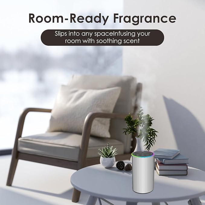 Waterless Essential Oil Diffuser, 7 Colors LED Light, Battery Powered Mini Scent Air Machine, Aromatherapy Mist Diffuser for Home Room Car Office，Black Aluminum Alloy (Silver)
