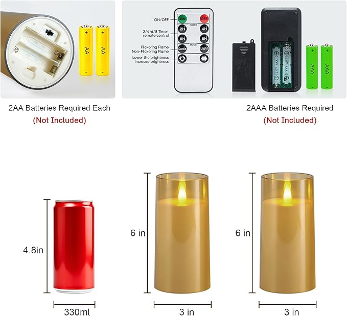 Raycare Flameless Electronic Pillar Candles with Remote Control and Timer- Battery Operated Realistic Flickering LED Fake Candle for Home, Wedding, Valentine's Day Decor, Gold,Set of 2(3"x6"6")