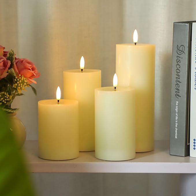 Lezonic Ivory LED Flameless Candles with Remote Timer, 4 Pack Battery Operated Candles Flickering, Grease Design Real Wax Pillar for Wedding Decor, Centerpiece, Birthday Gifts (4/5/6/8 Inch)