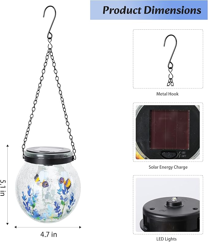 WONDER GARDEN Solar Lanterns Outdoor Waterproof, 3 Pack Hanging Solar Lights Decorative, Sunflower Hummingbird Bee Glass Garden Lantern Light for Yard Outside Patio Outside Decor Gift, White Light