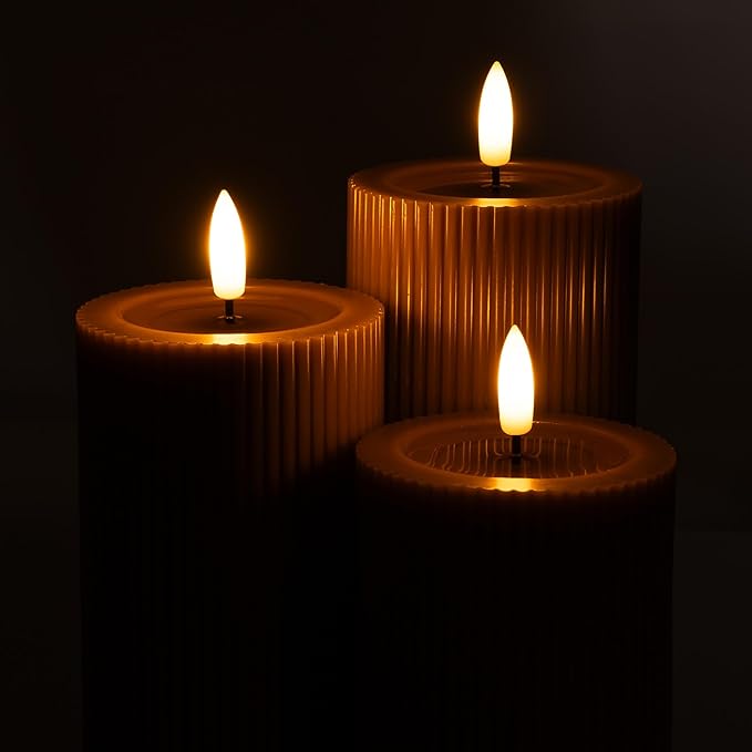 WYZworks Fluted Ribbed LED Pillar Candles, Brown, with Realistic Reflective Melted-Wax Effect – Flickering Flame, Remote, Dimmable, Flameless, Battery Operated, Home & Wedding Decor (Set of 3)