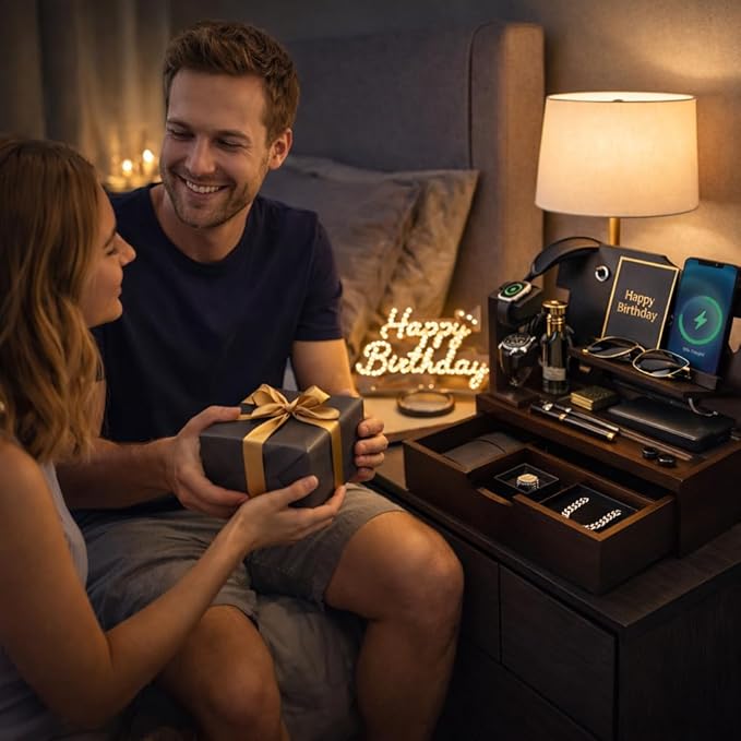 Nightstand Organizer for Men with Large Drawer, Wood Phone Docking Station for Phone, Apple Watch, Wallet & Keys, Ideal Birthday Gift for Father Husband, Bedside Desk Organizer (Espresso)