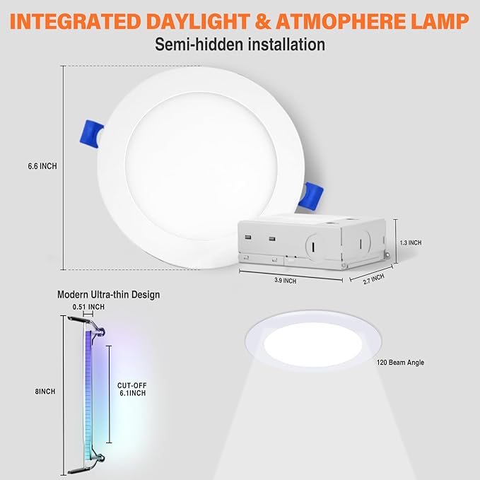 6Pack Smart RGB Recessed Light 6Inch,Ultra-Thin Canless LED Downlight,2.4GHz Wi-Fi Bluetooth Direct Connect,2700K-6500K,12W,1080LM,Work with App/Alexa/Google Assistant/Siri