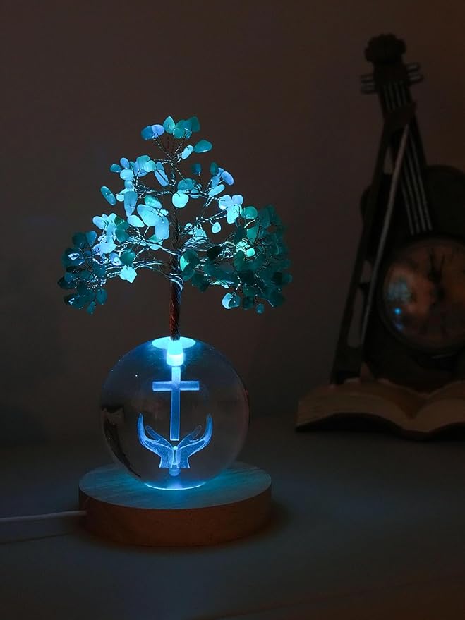 Crystal Tree of Life for Positive Energy, Chakra Healing Tree with Remote Control Multicolor Night Light for Home Decor, Office Desk Decor, Religious Gifts for Women Men (Cross & Hands)