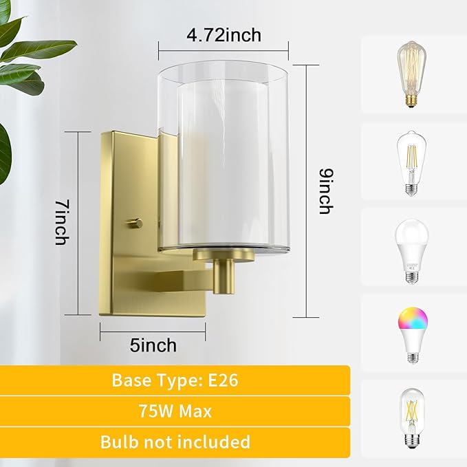 Kalium Wall Sconces Set of Two for Bathroom Bedroom Living Room Hallway Indoor Stairwell & Mirror, Farmhouse Modern Vanity Light Fixtures with Double Glass Shade & Gold Rustproof Metal Base, E26