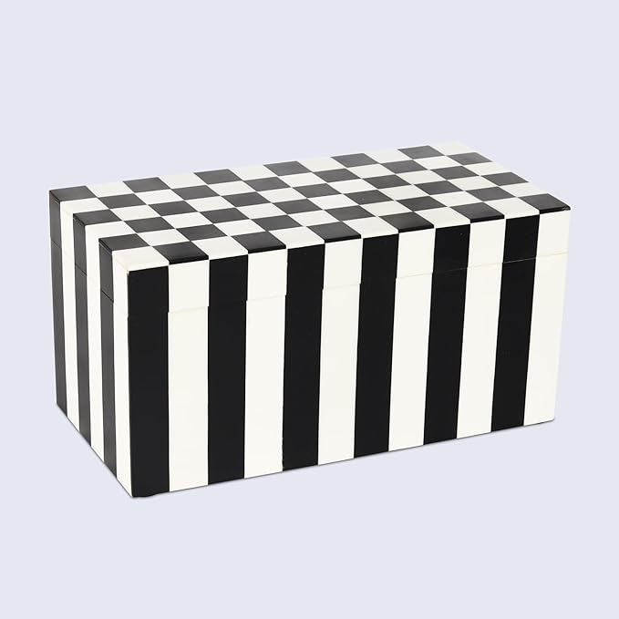 Handicrafts Home Large Decorative Storage Box with Lid, Black and White Keepsake Storage Box, Decorative Jewelry & Memory Box for Coffee Table, Shelf & Bedroom Decor, Puzzle Check - 10 x 5 x 5 Inch