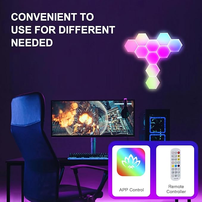 8-Pack RGB Hexagon Led Lights - Wall Panels with APP & Remote Control, Cool Music Sync - Multicolor 8PCS for Gaming, Living & Bedroom