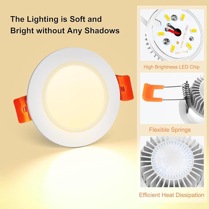 YGS-Tech 2 Inch LED Recessed Lighting, Dimmable Downlight 3W(35W Halogen Equivalent), CRI80, 3000K Warm White LED Ceiling Light with LED Driver(4 Pack)