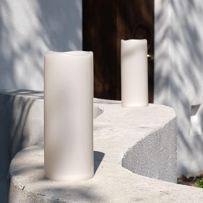 NONNO&ZGF 4X10'' Large Outdoor IP44 Warm White LED Rainproof Waterproof Candles, Huge Flameless Battery LED Pillar Candle with Remote and Timer, Resin, No Melt, 2 Pack