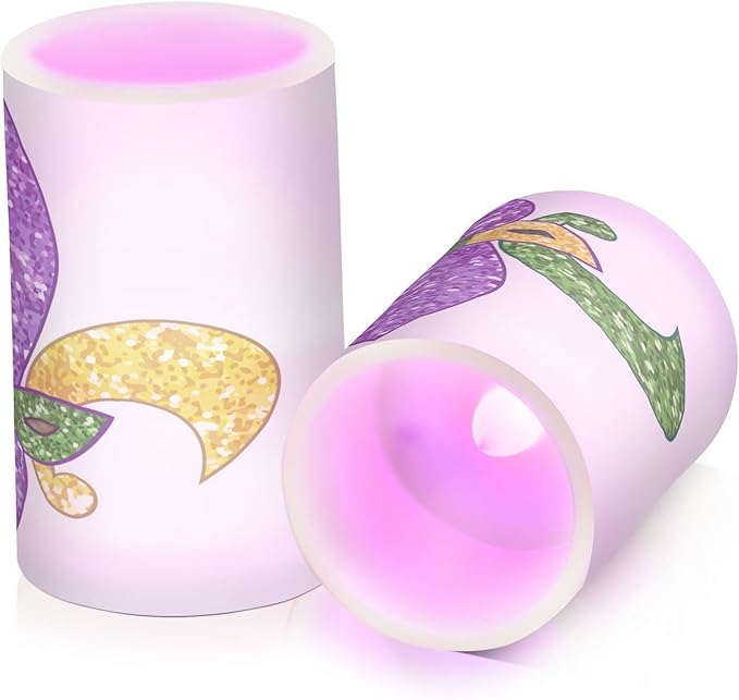 YETTASBIN Mardi Gras Flameless Candles with Remote Control and Timer, Adjustable Brightness Long Lasting Battery Operated LED Pillar Candles for Indoor Outdoor Party Home Decor, 2 Pack