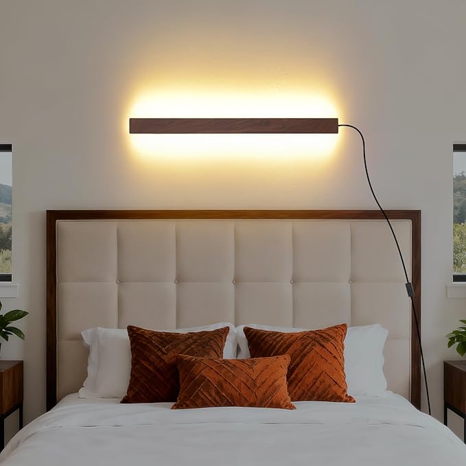 Farmhouse Plug in Wall Sconces, 23.6 inch Faux Walnut Finish LED Long Wall Lights, 12W Warm White 3000K Acrylic Indoor Wall lamp,with 59" Plug Cable for Bedroom, Living Room, Bathroom Makeup, Hallway