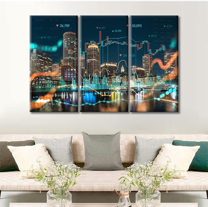 TUMOVO Concept of International Trading Art Home Decor Posters and Prints Glowing Forex Hraph Hologram Paintings Wall Art for Living Room 3 Pieces Rustic Home Decor Ready to Hang (36" Wx24 H)
