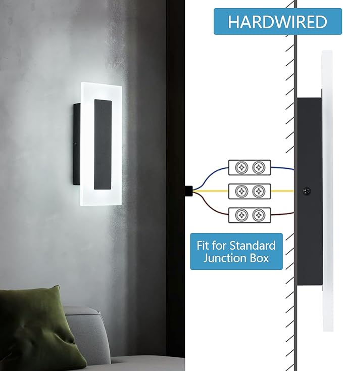 LMQNINE Modern Dimmable LED Wall Sconces Set of Two with 10%-100% Brightness Wall Light 9W 6000K Acrylic Black Wall Sconces Wall Lighting for Bedroom Living Room Hallway Staircase Corridor