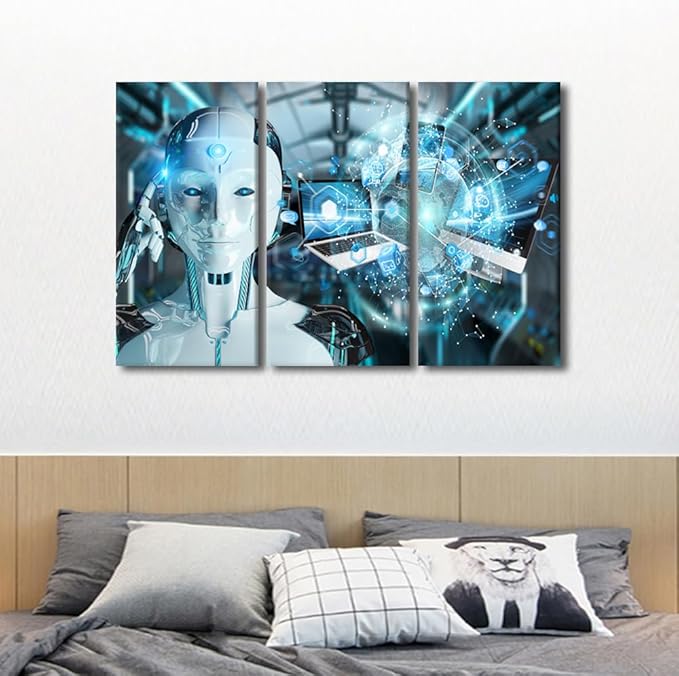 TUMOVO AI Intelligence Wall Decor for Living Room Data Analysis Picture Canvas Prints 3 Pieces Wall Art Robot Artwork for Home Office Room Wall Decorations Canvas Art Prints Ready to Hang, 42" Wx28 H
