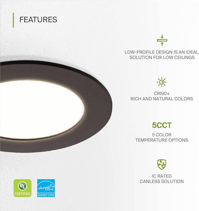 ASD 1 Pack LED Recessed Lighting 4 Inch 12W, 5 CCT 2700K-5000K CRI90+, IC Rated Ultra Thin Dimmable Ceiling Lights with J Box, Canless Wafer Downlight, Round Slim Panel Light, UL Listed, Bronze
