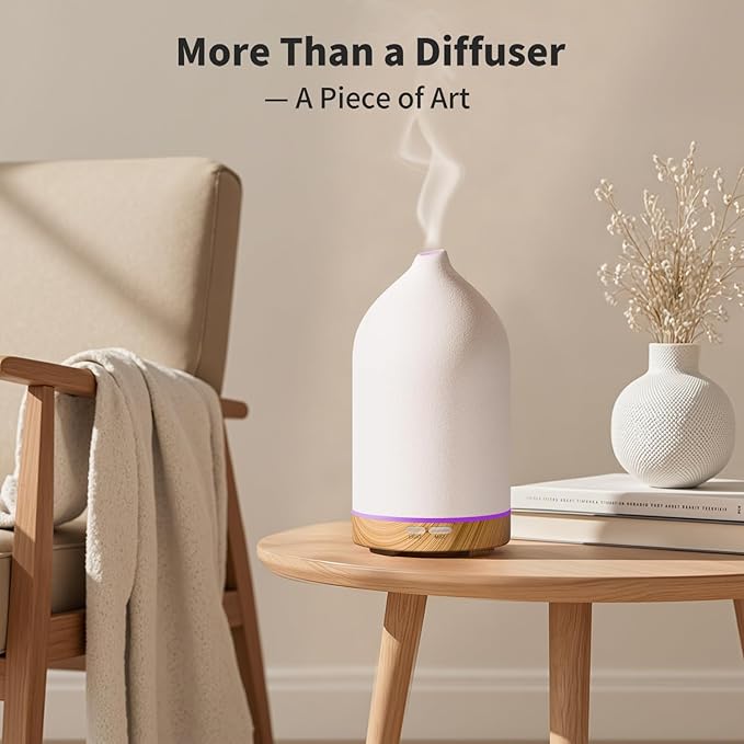 URPOWER 120ML Ceramic Essential Oil Diffuser, Ultrasonic Aromatherapy Diffuser with 7-Color Lights, Auto Shut-Off, Quiet Oil Diffuser for Bedroom, Home Office