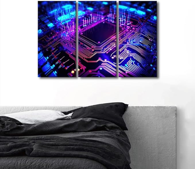 TUMOVO Wall Art for Living Room Circuit Board Canvas Wall Art Semiconductor Chip Artwork for Home Walls Large Wall Decor Chip Modern Home Decor Stretched and Framed Ready to Hang 3 Pieces, 36" Wx24 H