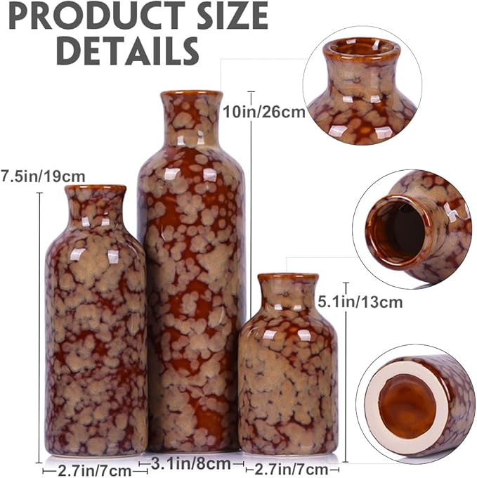 Ceramic Vase Set - 3 Crack Brown Small Vases, Farmhouse Country Flower Vase Home Decor, Living Room Decoration, Table Decoration, Fireplace Decor, and Entrance Decorations Centerpieces