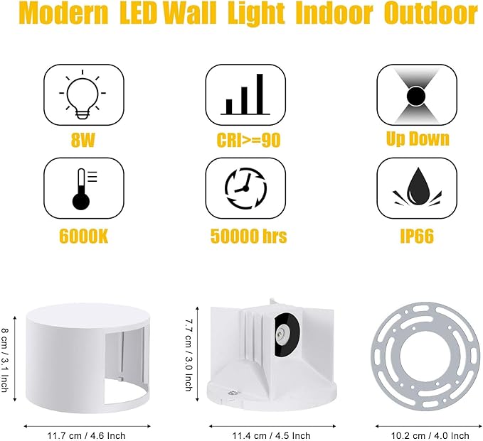 Kawell 8W Modern LED Wall Sconce Light Up Down Waterproof Outdoor Wall Lamp Indoor Hardwired for Bedroom Bathroom Hallway Stairs Porch, White 6000K