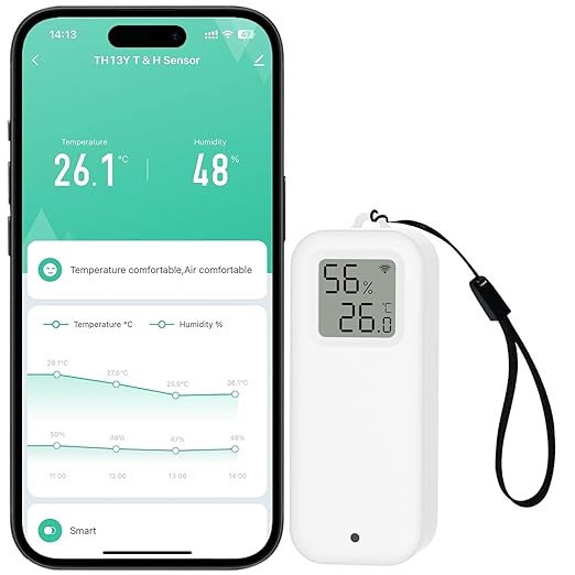 PHOVOLT WLAN Thermometer Hygrometer Sensor, Wireless Smart Temperature and Humidity Digital Display Monitor, with Remote App Notification Alert for Home, Greenhouse(1pack)