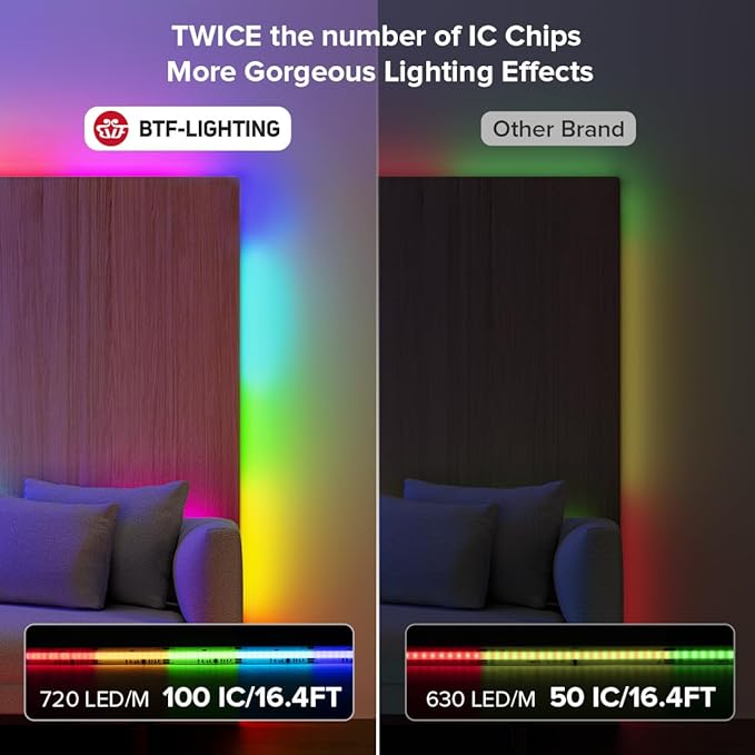 BTF-LIGHTING FCOB WS2811 IC RGB COB LED Strip DC12V 720LED/m 3.2FT Flexible High Density Uniform Chasing Color Light 20IC/m 12mm Width Black PCB for Indoor Decor(No Adapter or Controller)