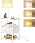 Fixwal Bedside Table with LED Lights Nightstand with 3 Color Temperatures Bulb, Tall NightStand with Charging Station End Table with Adjustable Fabric Drawer for Bedroom Dorm (White)
