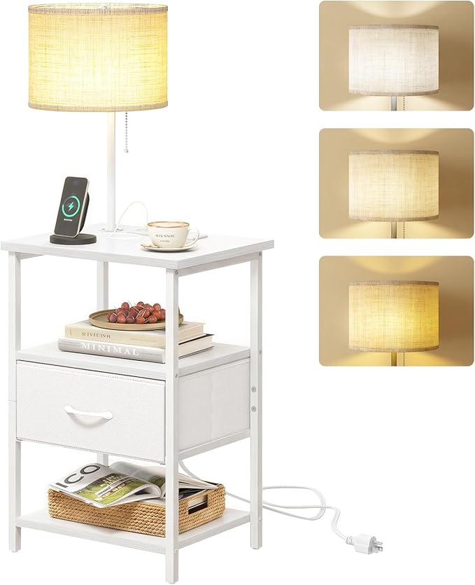 Fixwal Bedside Table with LED Lights Nightstand with 3 Color Temperatures Bulb, Tall NightStand with Charging Station End Table with Adjustable Fabric Drawer for Bedroom Dorm (White)