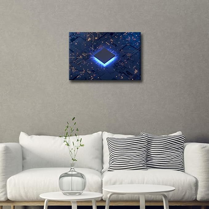 CPU Concept Modern Wall Art Computer Chip House Decorations for Living Room AI Canvas Wall Art Paintings for Bedroom Digital Age Office Decor Artwork Framed Easy to Hang - 18x12in