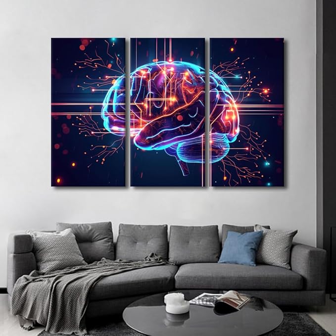 TUMOVO Landscape Wall Art for Living Room, 3 Panel Artificial Intelligence Brain Cloud Networking Posters and Prints for Living Room Bedroom Wall Decoration, Ready to Hang, 60" Wx40 H