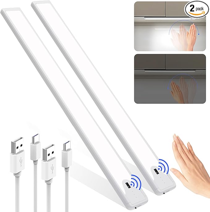 16 Inch Under Cabinet Light, Hand Wave Sensor 83 LED Indoor Cabinet Lighting, USB Rechargeable Cordless Closet Light, Stepless Dimming Under Counter Light for Kitchen, Shelves, Bedroom, 2 Pack