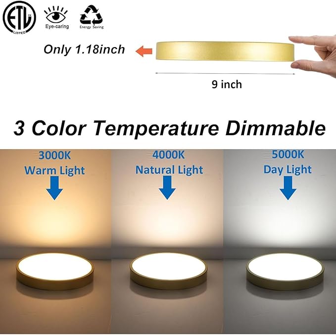 9 Inch Gold Metal Flush Mount LED Ceiling Light, 3000-5000k 20W Thin Round Modern Ceiling Light Fixture, Low Profile Ceiling Lamp for Bedroom, Living Room, Entryway, Bathroom, Kitchen