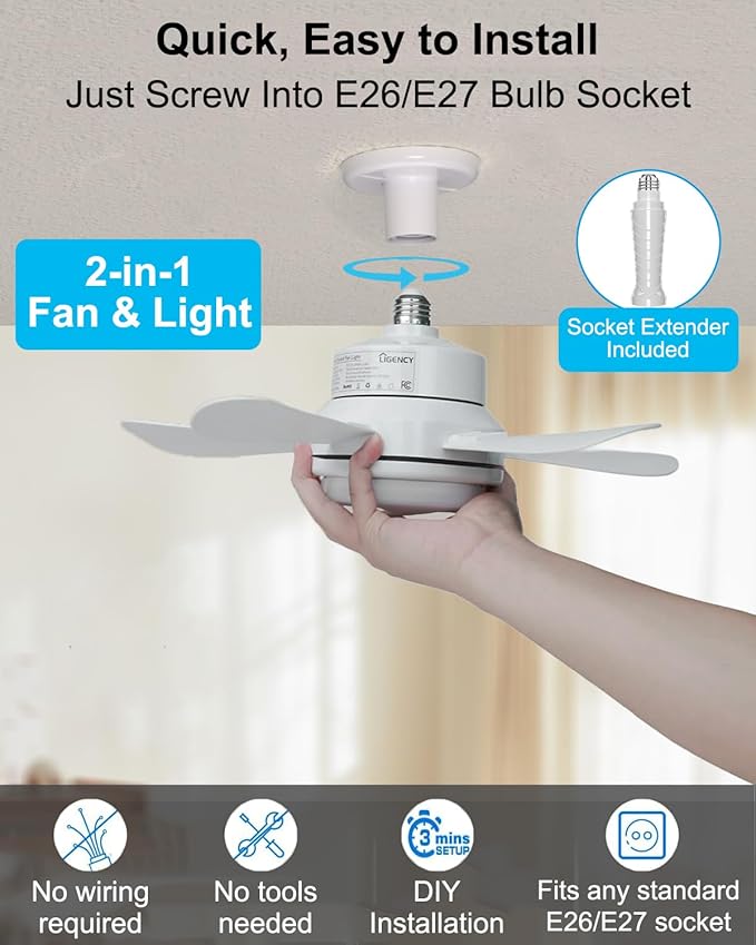 Ligency 16" Smart Socket Fan Light with Alexa - Screw-in Small Ceiling Fan with Remote, RGBW & 3000-6500K Dimmable, 6-Speed Reversible Quiet Motor, E26/E27 Base Fan for Bedroom, Garage, White
