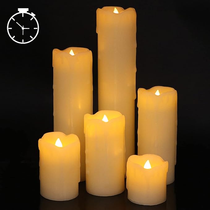 DRomance Flameless Flickering Candles Battery Operated(Battery Included) with 6 Hour Timer, Set of 6 Dripping Wax LED Pillar Candles Halloween Christmas Home Decor(Ivory, 2" D x 2"-9" H)
