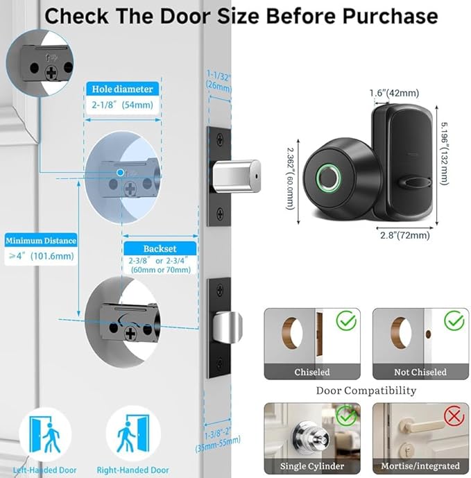 Fingerprint Keyless Entry Door Lock,Smart Deadbolt Locks with App Countrol,Biometric Door Lock with 2 Keys,10 Months Battery,Auto-Lock,One-Touch Lock,Easy Install,Deadbolt Alternative,IP66 Waterproof