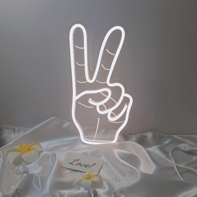 Victory Sign LED Neon Sign for Wall Decor USB Adjustable Brightness Living Room Bars Barbers Pub Wedding Party Salon Club Gatherings Gaming Room Man Cave Halloween Christmas Birthday Art Wall Decor