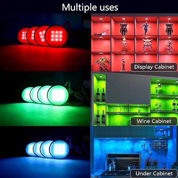 BASON LIGHTING RGB Under Cabinet Lighting, Wireless Remote Control, 16-Color Plug in Puck Lights, Dimmable LED Cabinet Light Kit for Kitchen, Bookshelf, Counter, 4 Pack